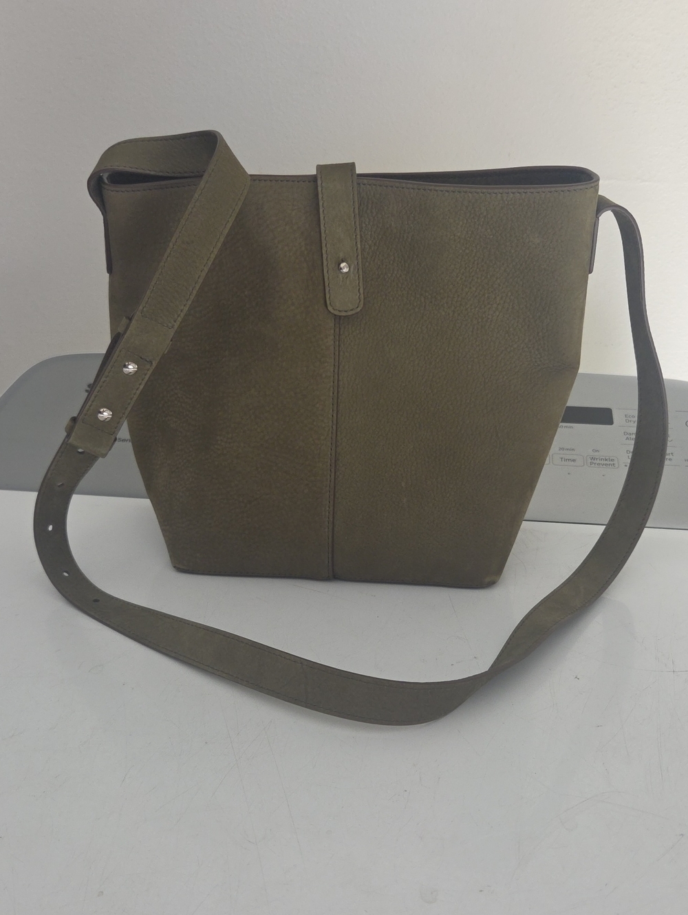 Jenni Kayne bucket neutral green suede crossbody purse bag tote Made in Italy
